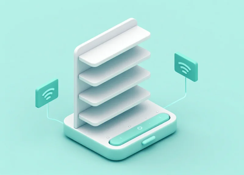 3D isometric model of a futuristic retail environment with smart shelves and connected wireless technology.