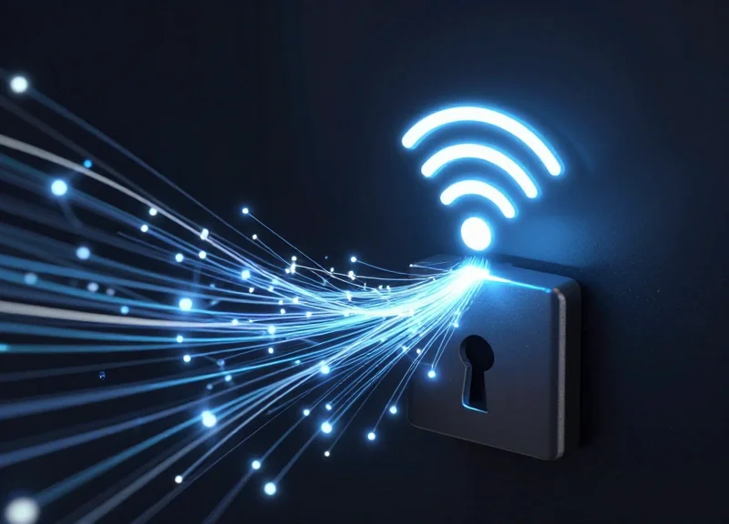 Abstract digital visualization of RFID waves emanating from a high-tech smart locking mechanism with glowing data nodes.