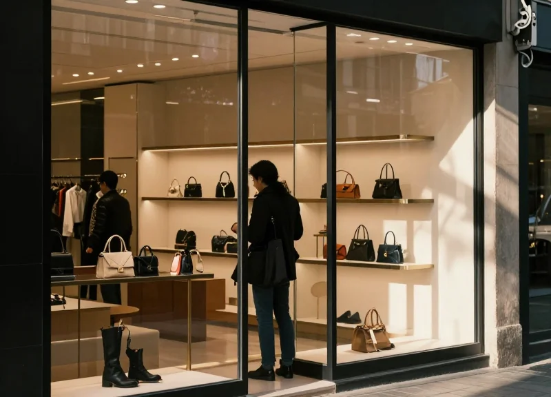 A relaxed customer shopping in a bright, modern high-end retail store with no visible bulky security gates.