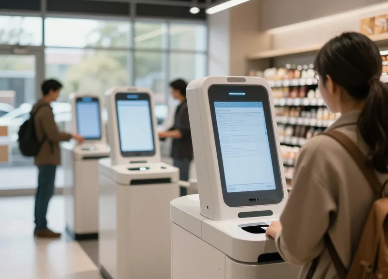 Modern grocery store self-checkout area with sleek kiosks and natural lighting.
