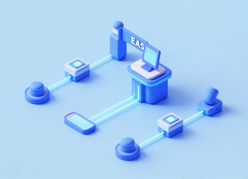 3D isometric illustration showing a checkout kiosk wirelessly connected to security gates with glowing data lines.
