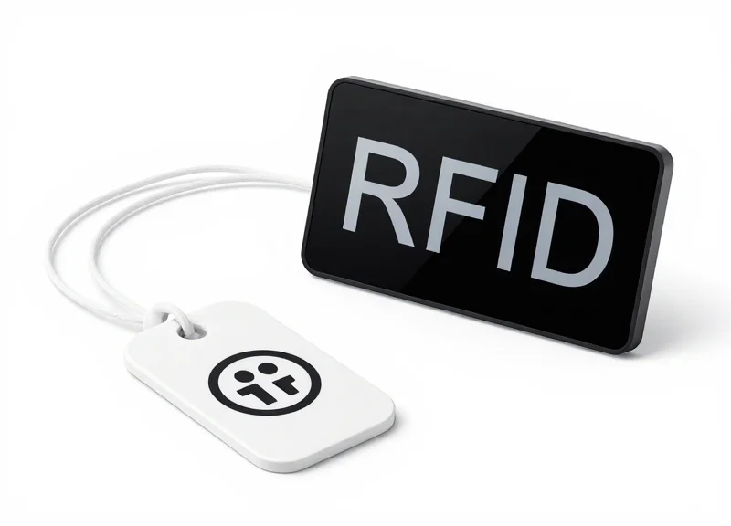 A high-tech RFID tag and a sleek electronic shelf label displayed on a pure white background.