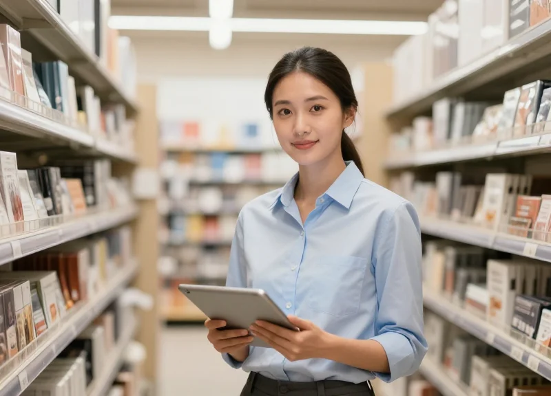 A professional retail manager using a tablet in a well-organized modern store, cinematic lighting.