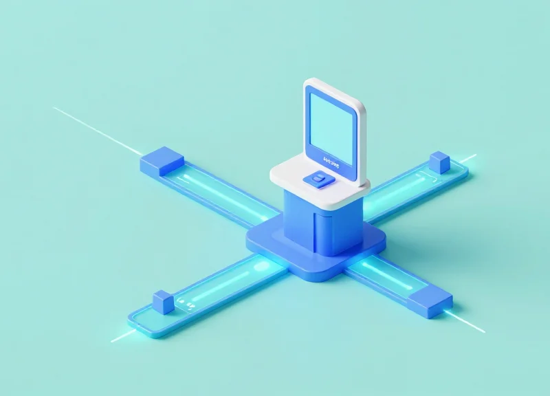 An isometric 3D illustration of a modern self-checkout kiosk connected to a digital security network with glowing connection lines and abstract data blocks on a clean background.