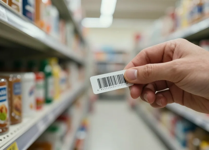 Close-up of a person's hand subtly peeling a barcode label off a product in a retail store.