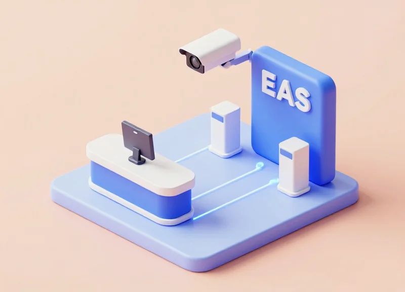 3D isometric model showing the integration of AI cameras and EAS security gates.