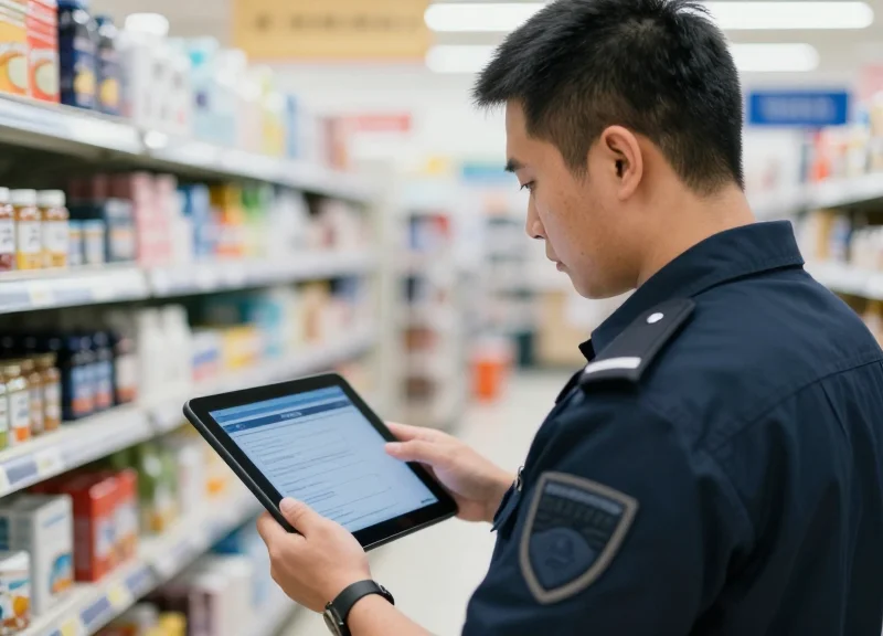 A security professional checking an alert on a smartphone in a store environment.