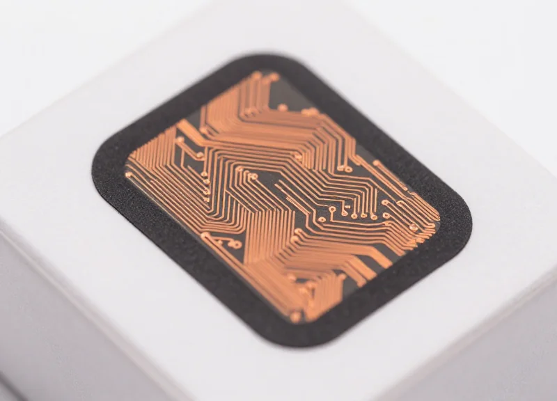 Macro view of an advanced RFID tag showing the copper circuitry.