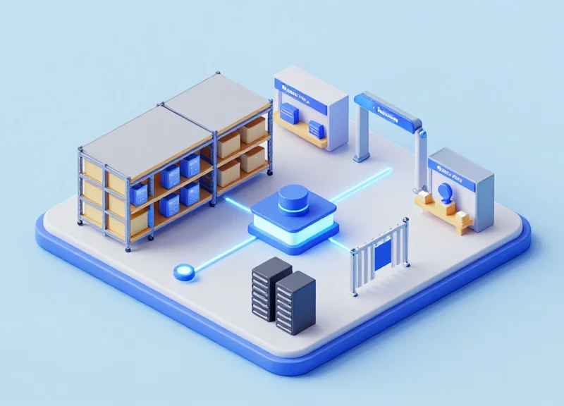 Isometric view of a retail environment showing the fusion of inventory and security systems.