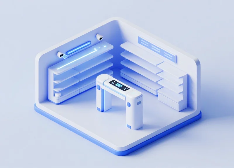 An isometric 3D illustration of a futuristic autonomous retail store featuring glowing RFID security gates, smart product shelves, and ceiling-mounted AI sensors in a clean, modular environment.
