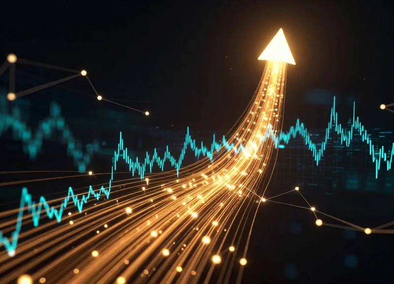 Abstract visualization of glowing amber and cyan data streams representing security alarms and foot traffic merging into an upward trending light path.