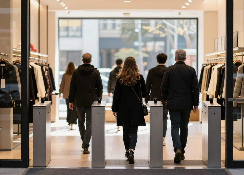 A modern retail store entrance with shoppers and security pedestals