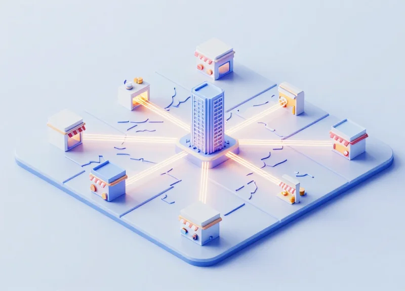 Isometric 3D view of multiple retail store buildings connected to a central cloud hub representing scalability.