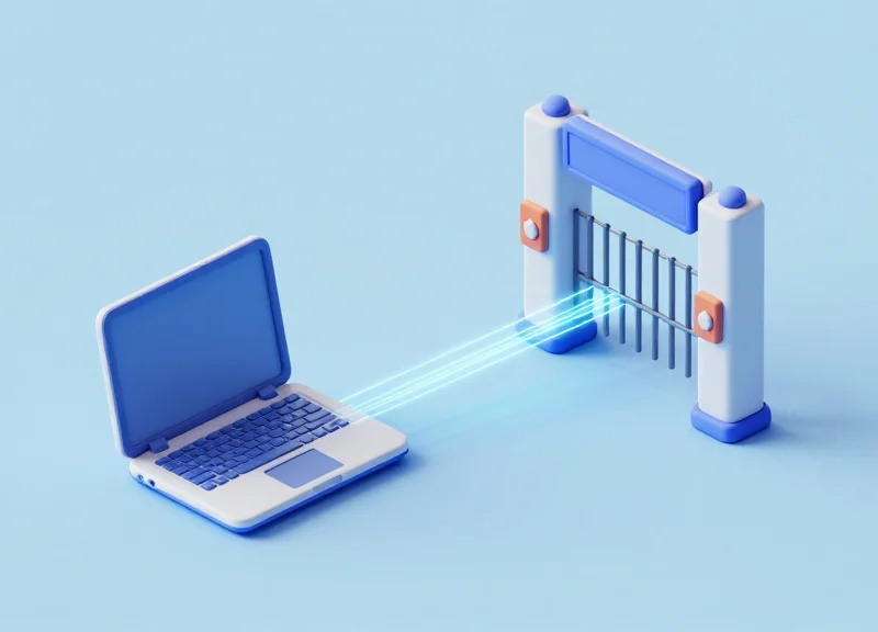 Isometric 3D model of a digital bridge connecting a remote computer to a retail store EAS pedestal, symbolizing remote debugging.
