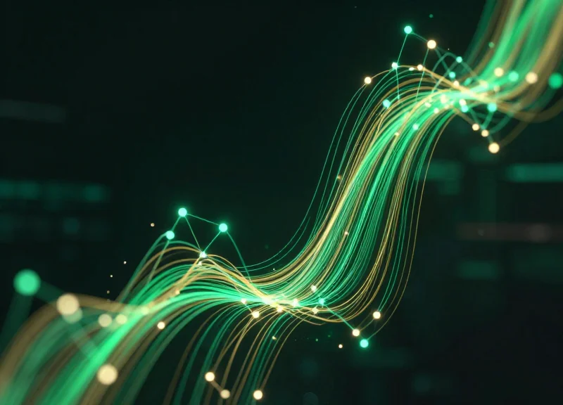 Abstract glowing green data streams moving upward against a dark background, representing financial savings and ROI.