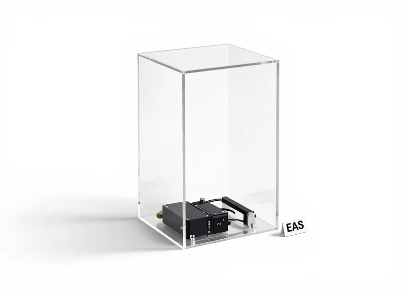 A high-tech EAS antenna pedestal and an RFID security tag shown on a clean white studio background.
