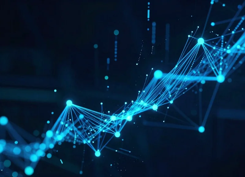 Abstract digital data flow with glowing nodes and interconnected lines representing remote system monitoring and technological efficiency.