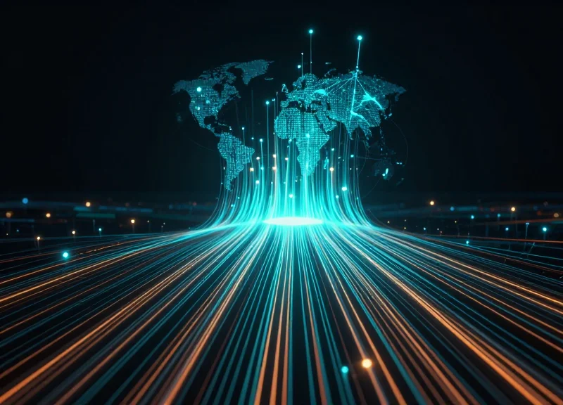 Abstract data visualization of a global retail network with glowing nodes and digital streams connected to a central cloud.