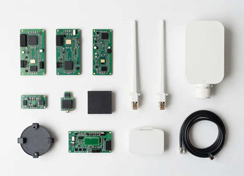 Neatly arranged retail security hardware including circuit boards, antennas, and network tools on a clean surface.