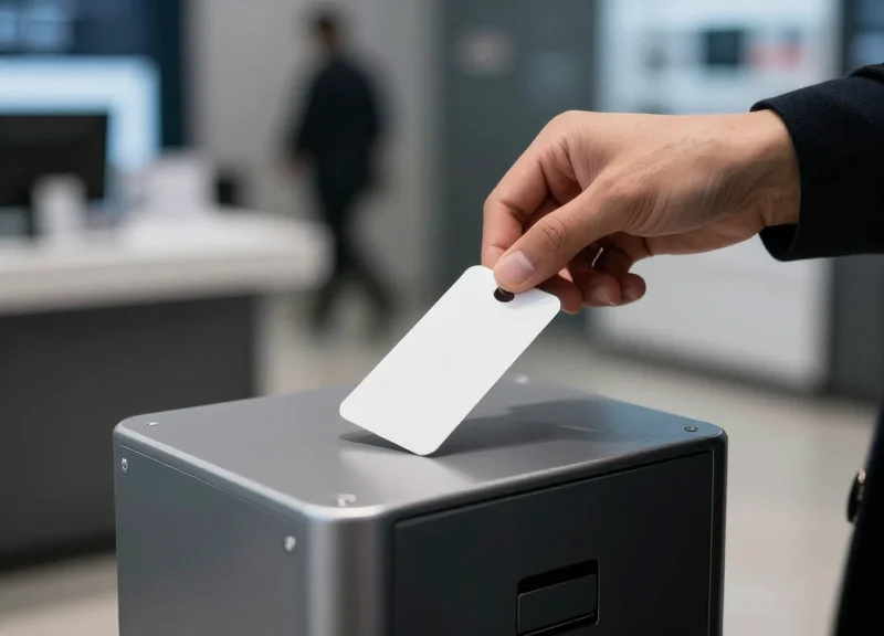 Close-up of a person holding a security tag near a retail pedestal to test system sensitivity.