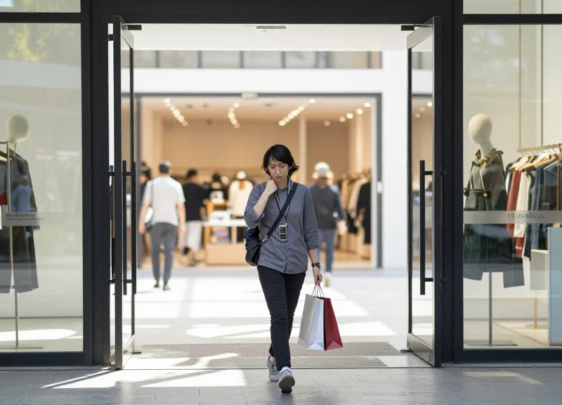 A happy shopper in a modern, open-concept retail store with invisible security features.