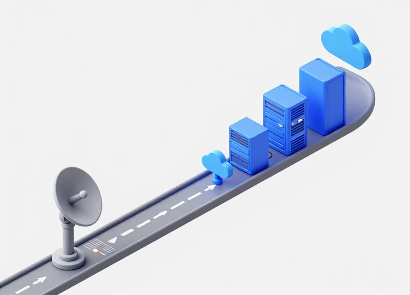 An isometric 3D roadmap showing the steps from legacy hardware to a digital future.