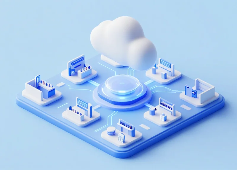 An isometric 3D illustration showing a retail store layout with security systems transitioning into a digital cloud-based network through glowing light trails.