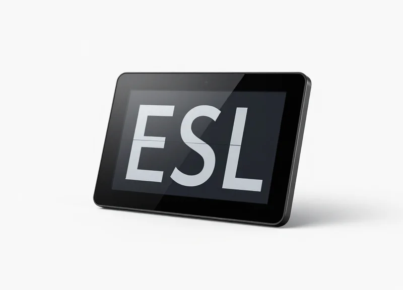 A sleek, modern electronic shelf label with a digital display showing a minimalist interface on a pure white background.