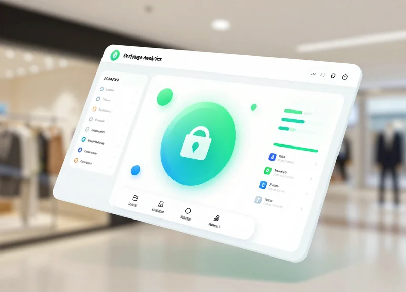 An abstract, professional software dashboard with glassmorphism panels, floating data visualization blocks, and a sleek dark-themed interface representing retail security analytics.