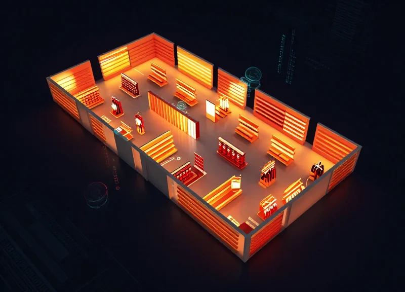 A 3D store floor plan visualization with glowing red and orange heatmaps indicating high-risk zones.