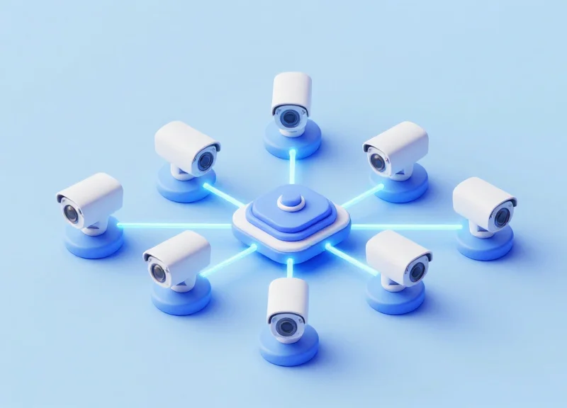 Isometric 3D model of an automated retail security alert system with connected digital modules.