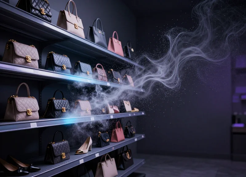 Surrealist art representing retail inventory shrinkage as items turning into digital dust