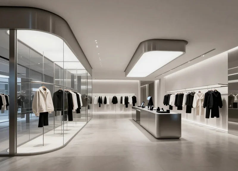 Modern high-end retail store in 2026 showcasing integrated technology