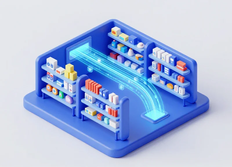 An isometric 3D miniature of a retail warehouse aisle with glowing digital nodes and light trails scanning the inventory items on shelves.