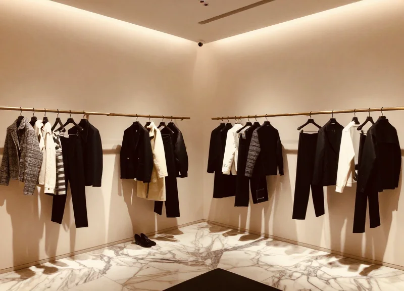 The interior of a high-end luxury fashion boutique with sophisticated lighting and elegant decor, showing a subtle security presence.