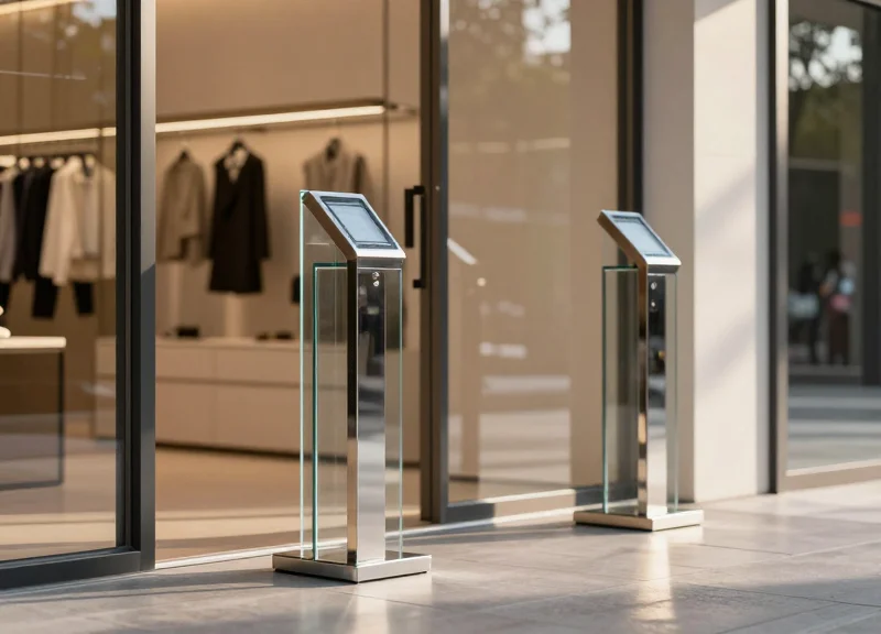 A close-up view of a luxury store entrance showing sleek, transparent security pedestals that blend with the architecture.