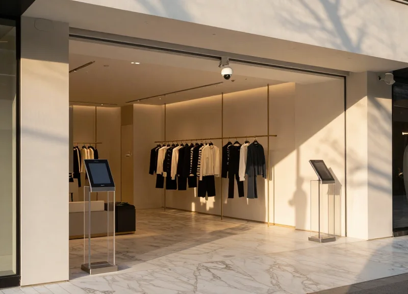 A luxurious boutique interior with modern, sleek security pedestals at the entrance and a discreet CCTV camera on the ceiling, emphasizing a clean and secure high-end retail environment.