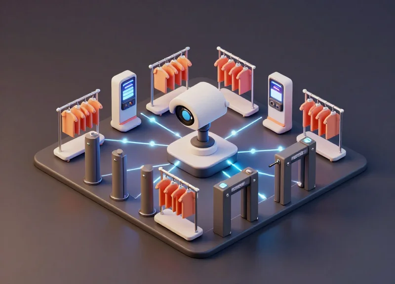 3D isometric model showing the integration of security tags and cameras in a store layout.