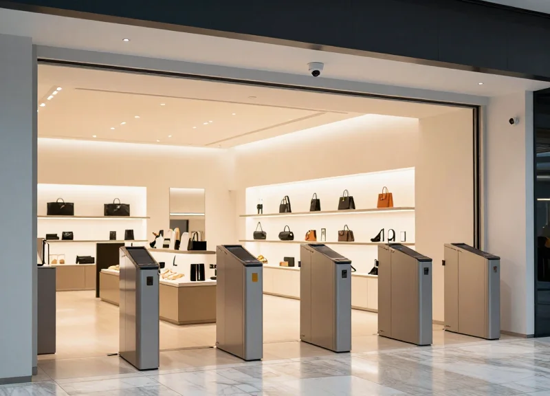 A modern, high-end retail store interior featuring a sleek surveillance camera and security entrance gates, captured with cinematic lighting and a shallow depth of field.
