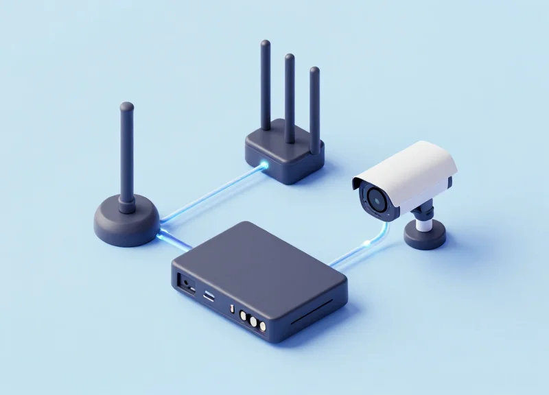 Isometric diagram of interconnected security hardware including an EAS pedestal, a network switch, and a camera.