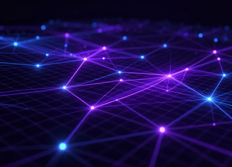 Abstract digital mesh representing AI surveillance over a store floor with glowing nodes and connection trails.
