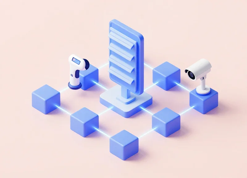 Isometric 3D layout showing the connection between an RFID tag, a digital label, and a security camera.