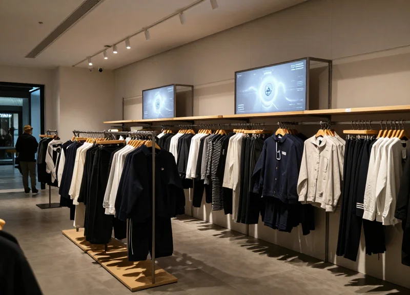 A modern high-end retail store interior with subtle digital light effects on the shelves, futuristic atmosphere