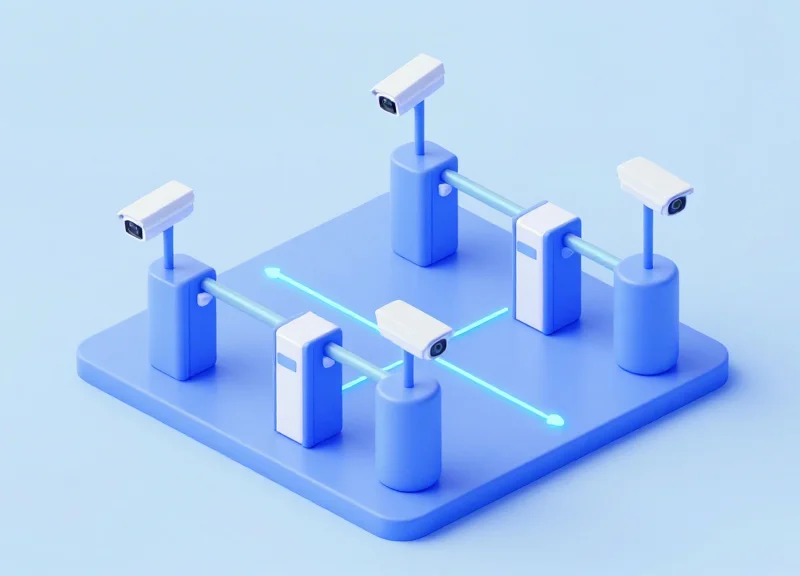 Isometric 3D model of a retail store ecosystem showing AI cameras and security gates working together