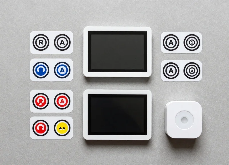 Organized collection of retail technology hardware including RFID tags and ESL labels