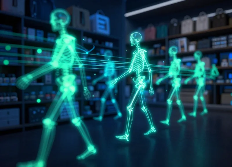 Abstract AI behavior recognition visualization in a retail environment showing human motion tracking