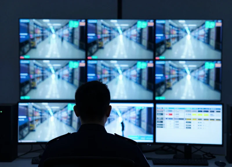 A security operator looking at a wall of monitors displaying retail store camera feeds with abstract heatmaps.