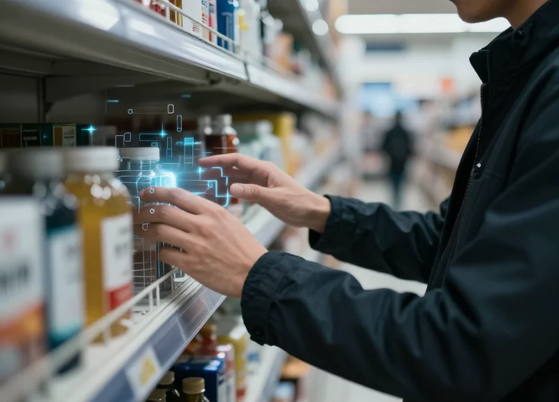 Security monitor view with AI behavioral intent overlays on a shopper.