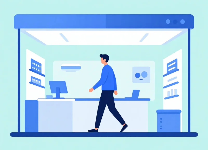 Minimalist illustration of a person stepping into a futuristic retail future.