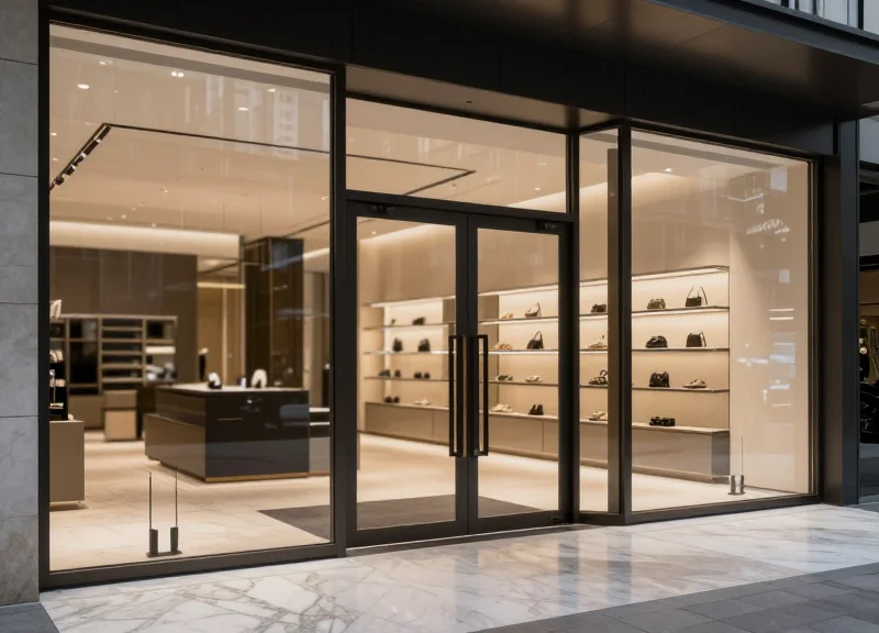A luxury boutique entrance featuring invisible floor-based security antennas.